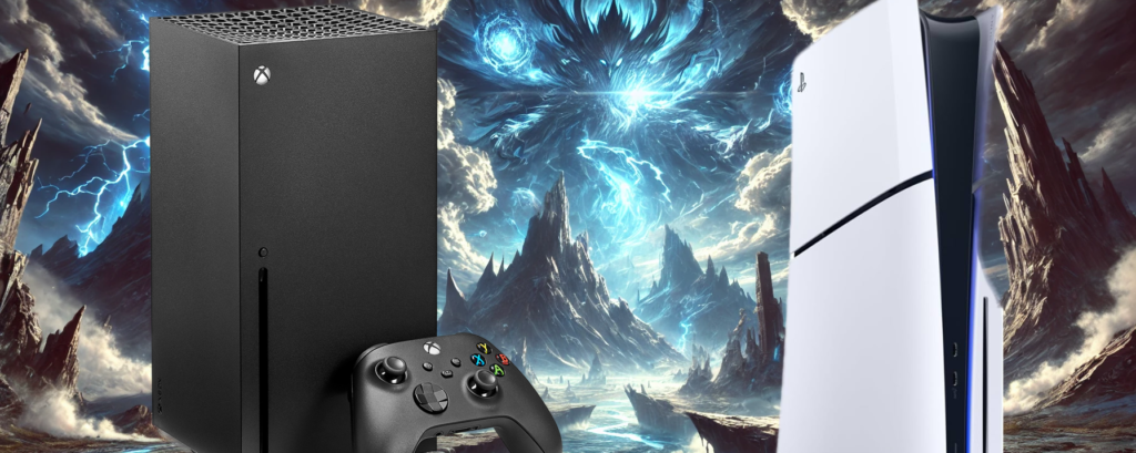 image of xbox series x and PS 5 against a fantasy battle background