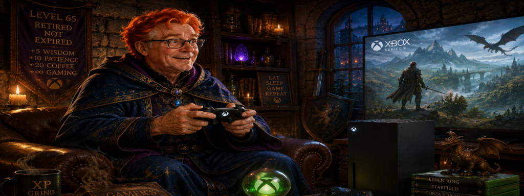 AI generated image of a red-haired wizard playing on an xbox console