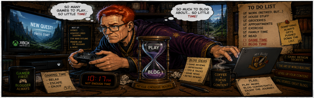 AI generated image of three armed mage trying to find time for gaming and blogging