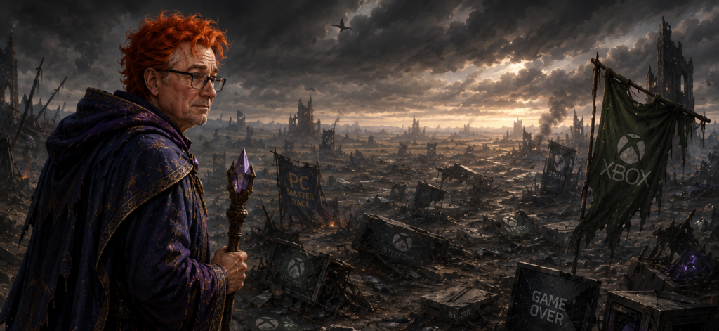 ai generated image of a wizard overlooking a blasted plain of gaming